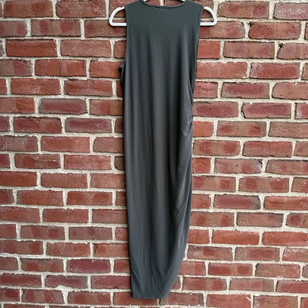 Aritzia Wilfred Smooth Matter Eavesdrop Ruched Midi Dress Dark Olive L NWOT